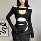 Women's Fashion Mesh Stitching Long Sleeve Hollow Out Slim Fit Midriff-baring Jumpsuit