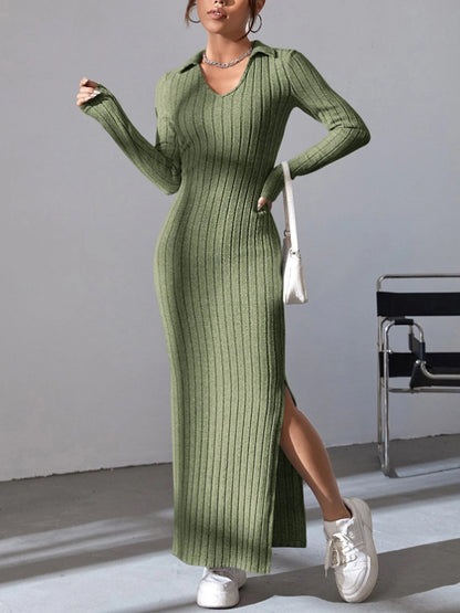 Women's Knitted Slim Lapel Long Sleeve Dress