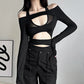 Women's Fashion Mesh Stitching Long Sleeve Hollow Out Slim Fit Midriff-baring Jumpsuit