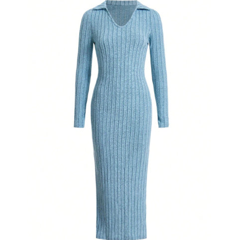 Women's Knitted Slim Lapel Long Sleeve Dress