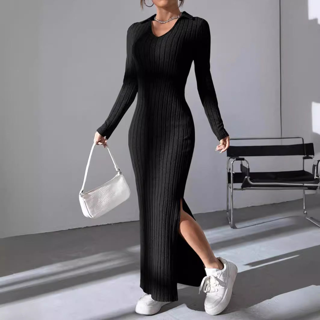 Women's Knitted Slim Lapel Long Sleeve Dress