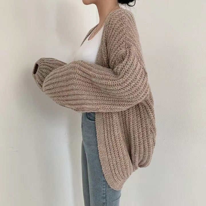 Solid Color Balloon Sleeve Knit Cardigan Sweater Jacket