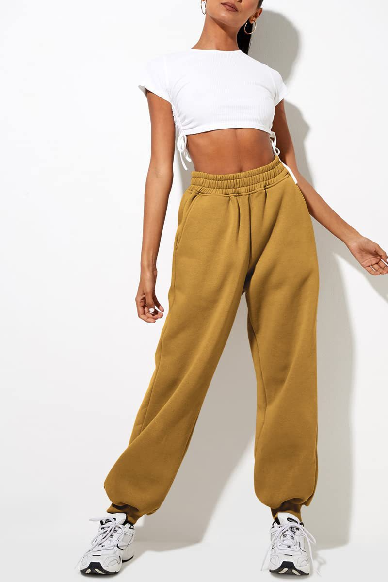 Women's High Waist Loose Track Pants Comfortable Jogger Casual Sweatshirt Pant Belt Pocket