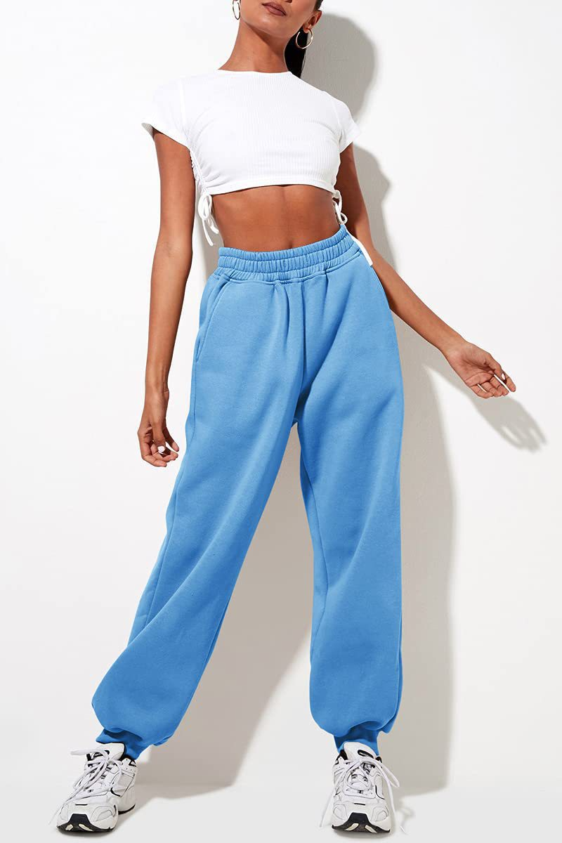 Women's High Waist Loose Track Pants Comfortable Jogger Casual Sweatshirt Pant Belt Pocket