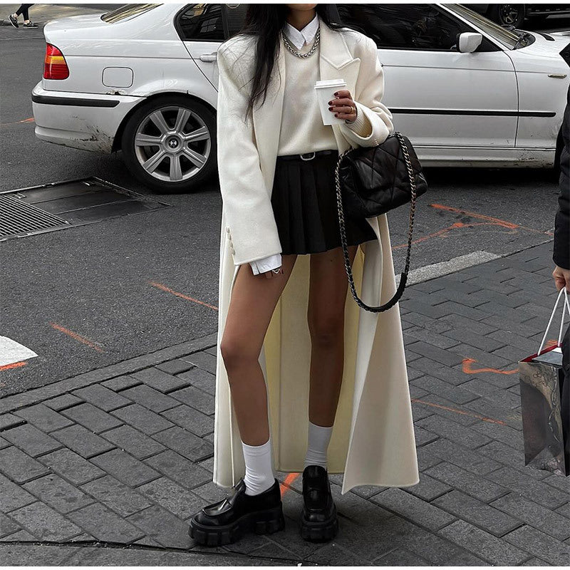 High-grade Double-sided Woolen White Elegant Slimming Draping Trench Coat