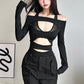 Women's Fashion Mesh Stitching Long Sleeve Hollow Out Slim Fit Midriff-baring Jumpsuit