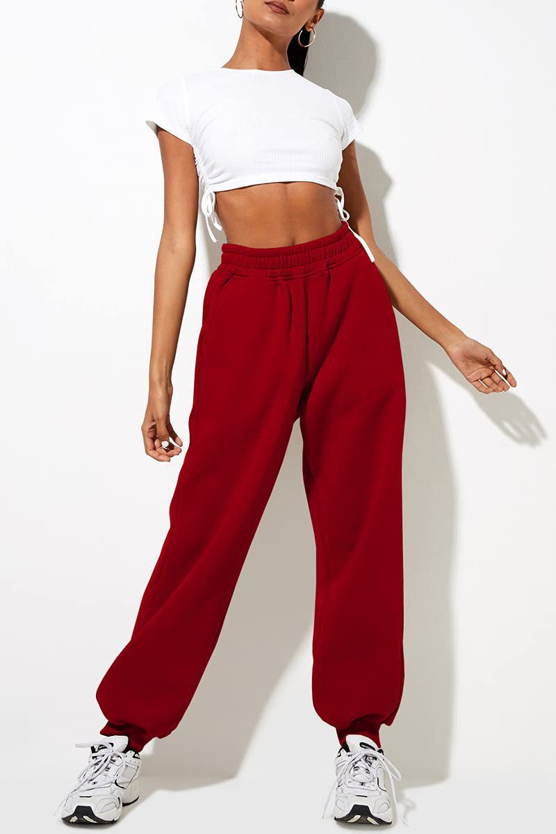 Women's High Waist Loose Track Pants Comfortable Jogger Casual Sweatshirt Pant Belt Pocket