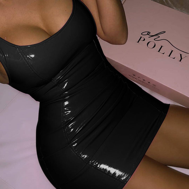 Solid Color Sling Dress Female Sexy Tight Leather Hip Skirt Party Festival Dresses