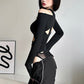 Women's Fashion Mesh Stitching Long Sleeve Hollow Out Slim Fit Midriff-baring Jumpsuit