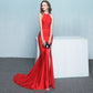 Bride toast clothing new fashion long red fishtail hanging neck wedding banquet evening dress