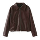 Solid Color Lapel Zipper Jacket Fashion Casual Long Sleeve Leather Coat Tops Women Clothing