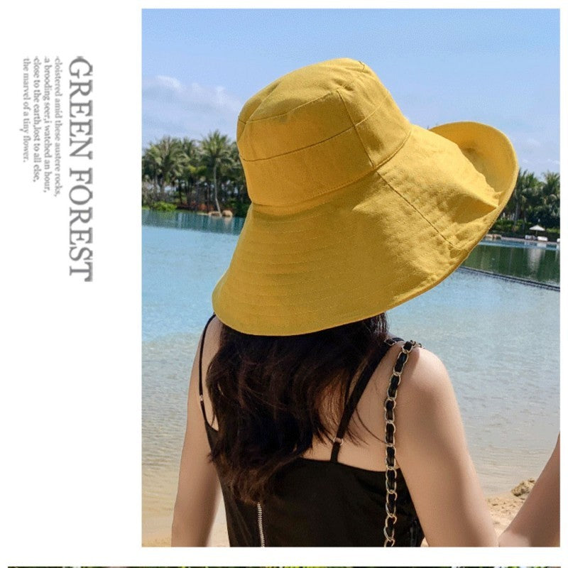 Japanese Solid Color Big Brim Fisherman's Hat Women's Spring And Summer Foldable Sun Hat Sunscreen Shading