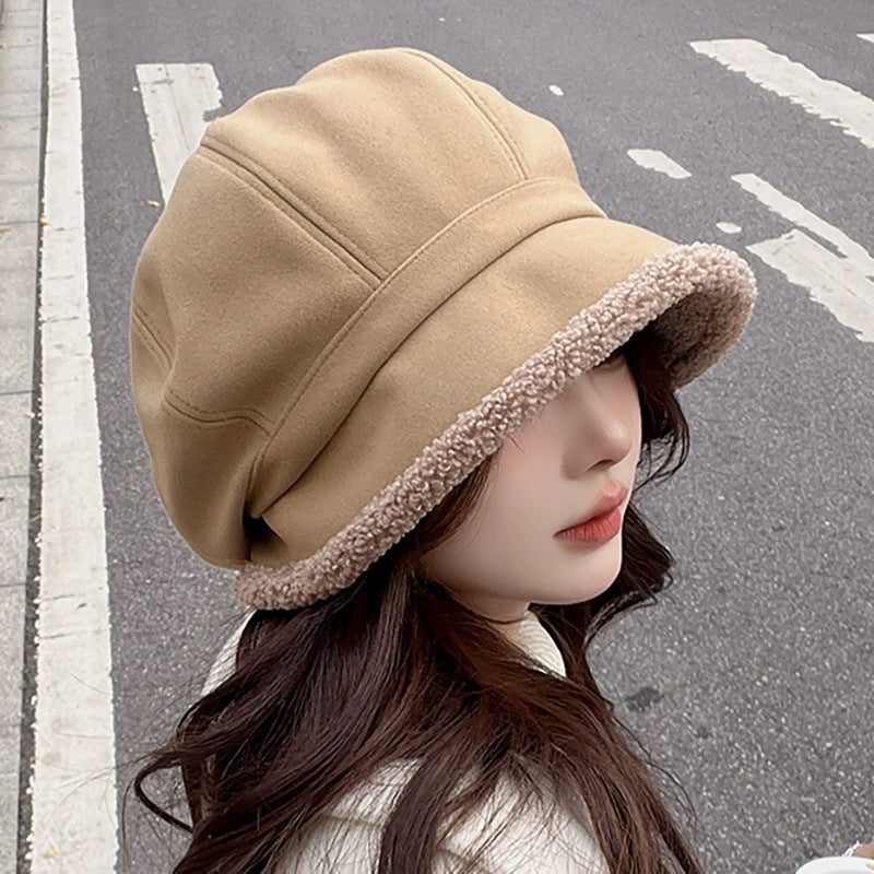 Beret Women's Autumn And Winter Big Head Circumference Fleece-lined Warm Pile Heap Cap Bucket Hat