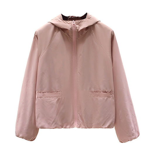 Hooded Short Sports Jacket Women's Casual Loose Solid Color Zipper Shell Jacket