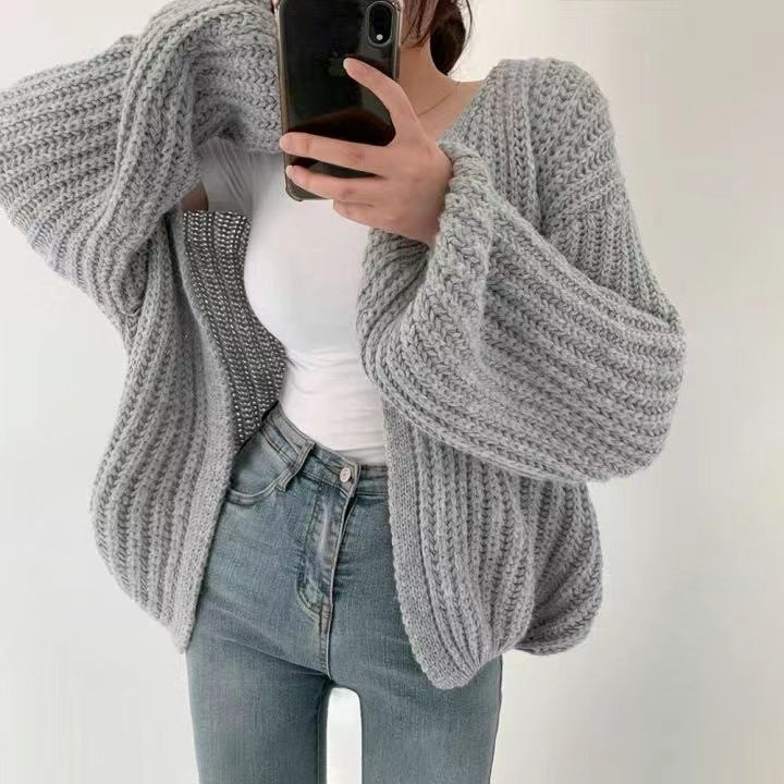 Solid Color Balloon Sleeve Knit Cardigan Sweater Jacket