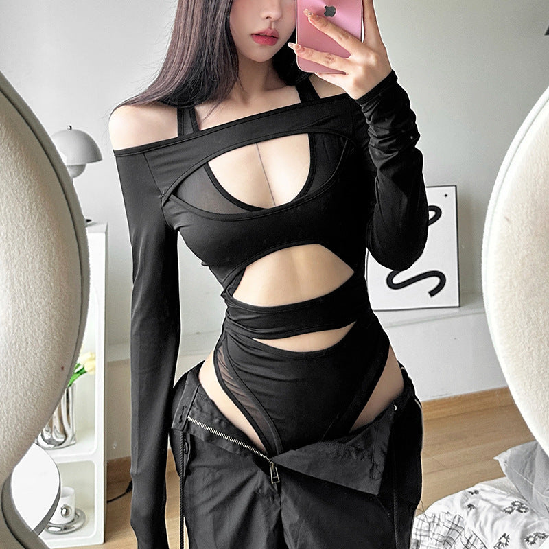 Women's Fashion Mesh Stitching Long Sleeve Hollow Out Slim Fit Midriff-baring Jumpsuit