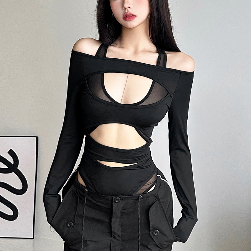 Women's Fashion Mesh Stitching Long Sleeve Hollow Out Slim Fit Midriff-baring Jumpsuit