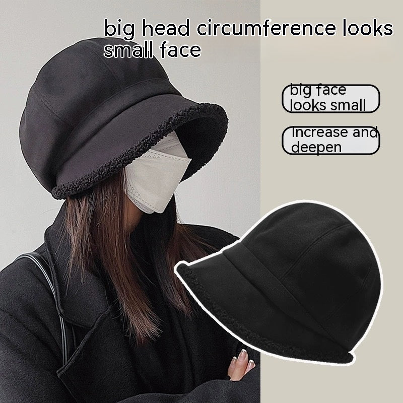 Beret Women's Autumn And Winter Big Head Circumference Fleece-lined Warm Pile Heap Cap Bucket Hat