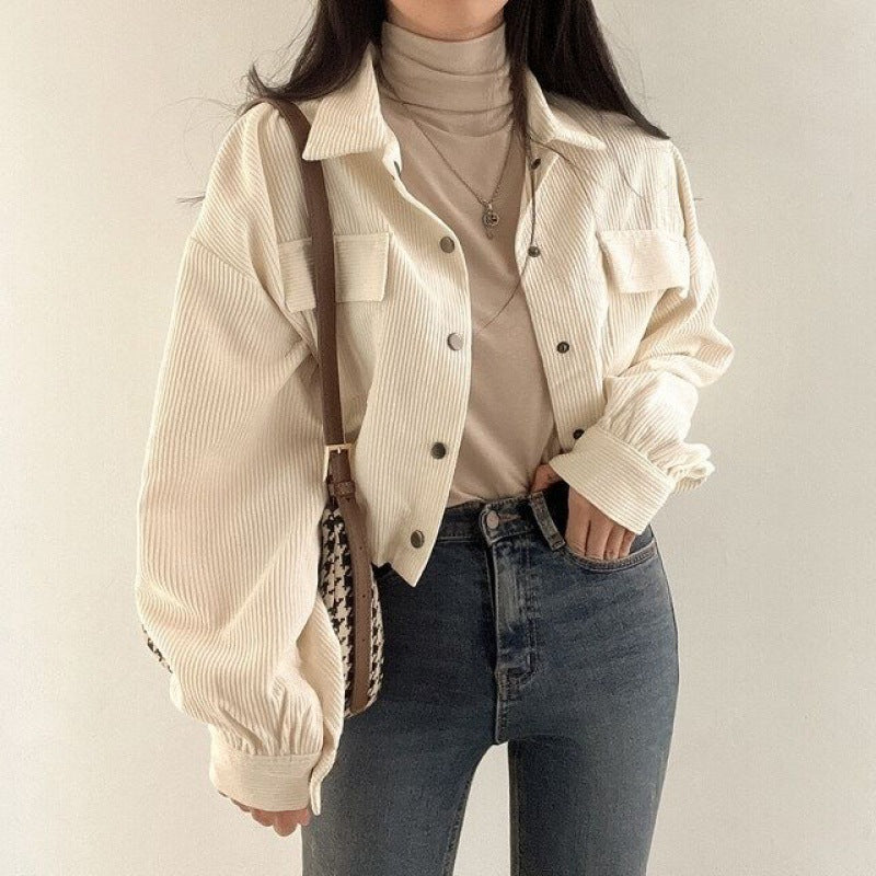 New Retro Simple Lapel Short Drawstring Top Coat For Women